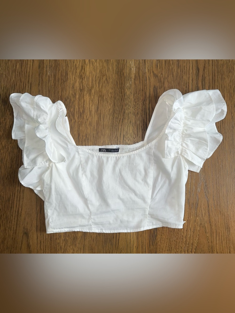 ZARA White Ruffle Sleeve Crop Top with Square Neck